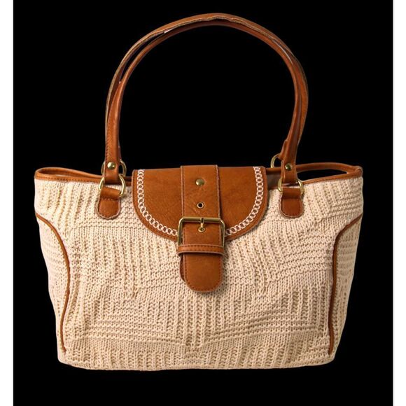 LRG BONFANTI NATURAL KNIT COTTON BROWN GENUINE LEATHER SHOULDER BAG HANDBAG HOBO - Picture 1 of 12